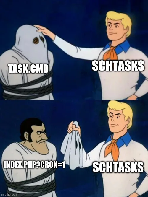 Scooby-Doo mask reveal: schtasks unmasks task.cmd to reveal index.php?cron=1