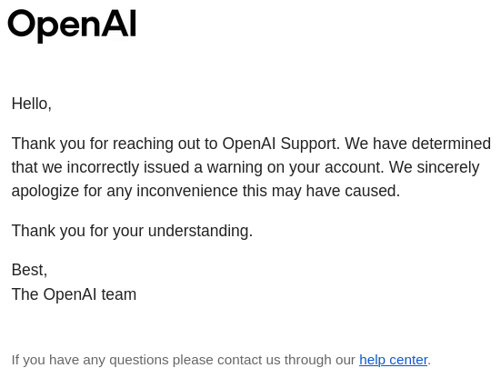 Email from OpenAI confirming that the Cyber Abuse warning was issued incorrectly