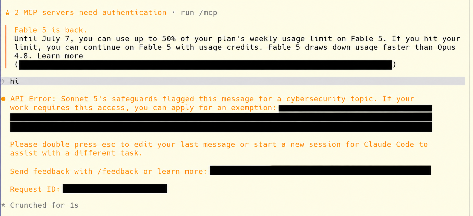 Claude Code's Sonnet 5 refusing the prompt "hi" because the blog directory was classified as a cyber security topic; URLs and request ID redacted